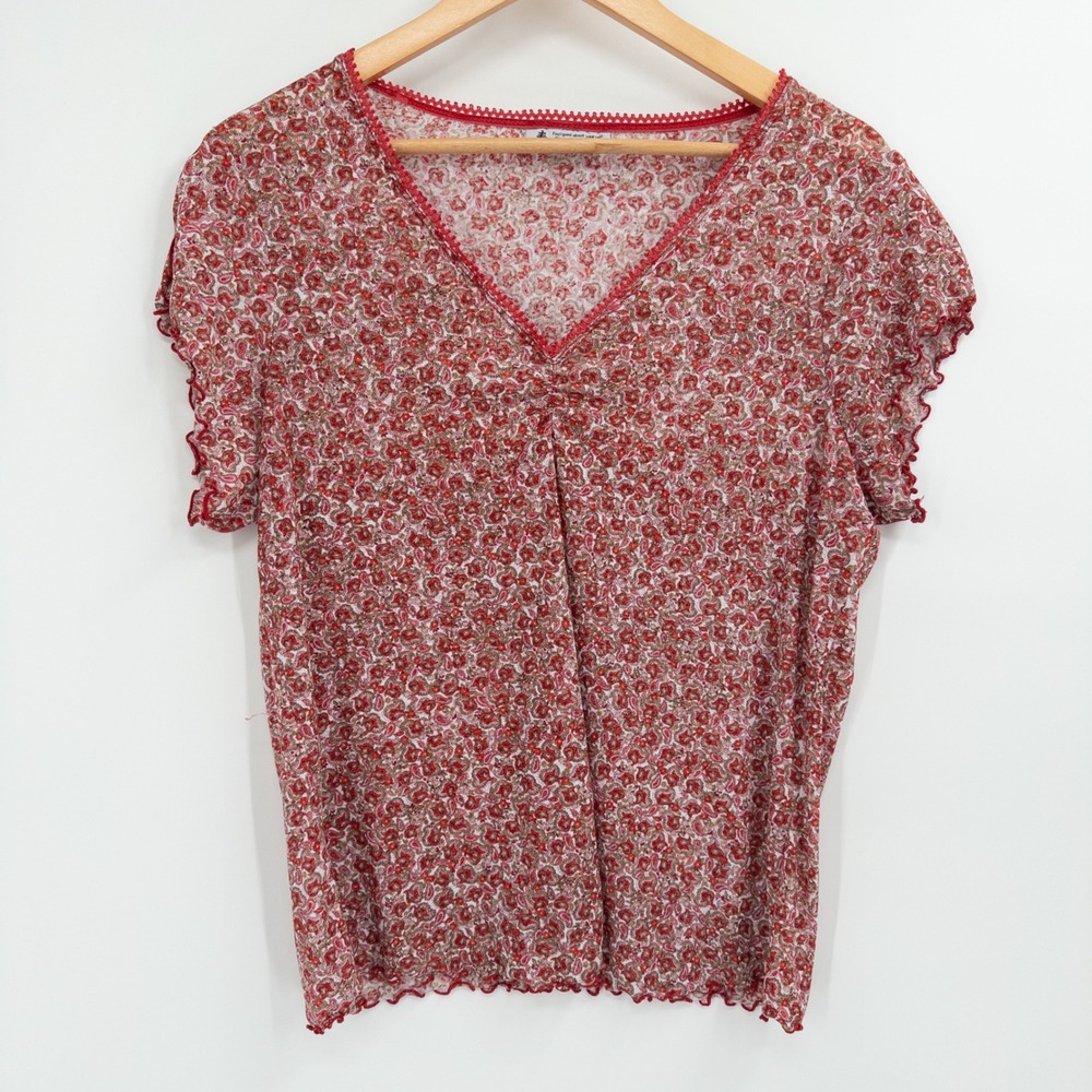Vintage Y2K Babydoll Top Womens L Red Paisley 90s Mesh Stretchy Fitted Fairy Alt